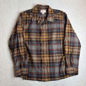 Filson Mens Plaid Button Down Shirt Brown Blue Cotton Camp loop Collar L